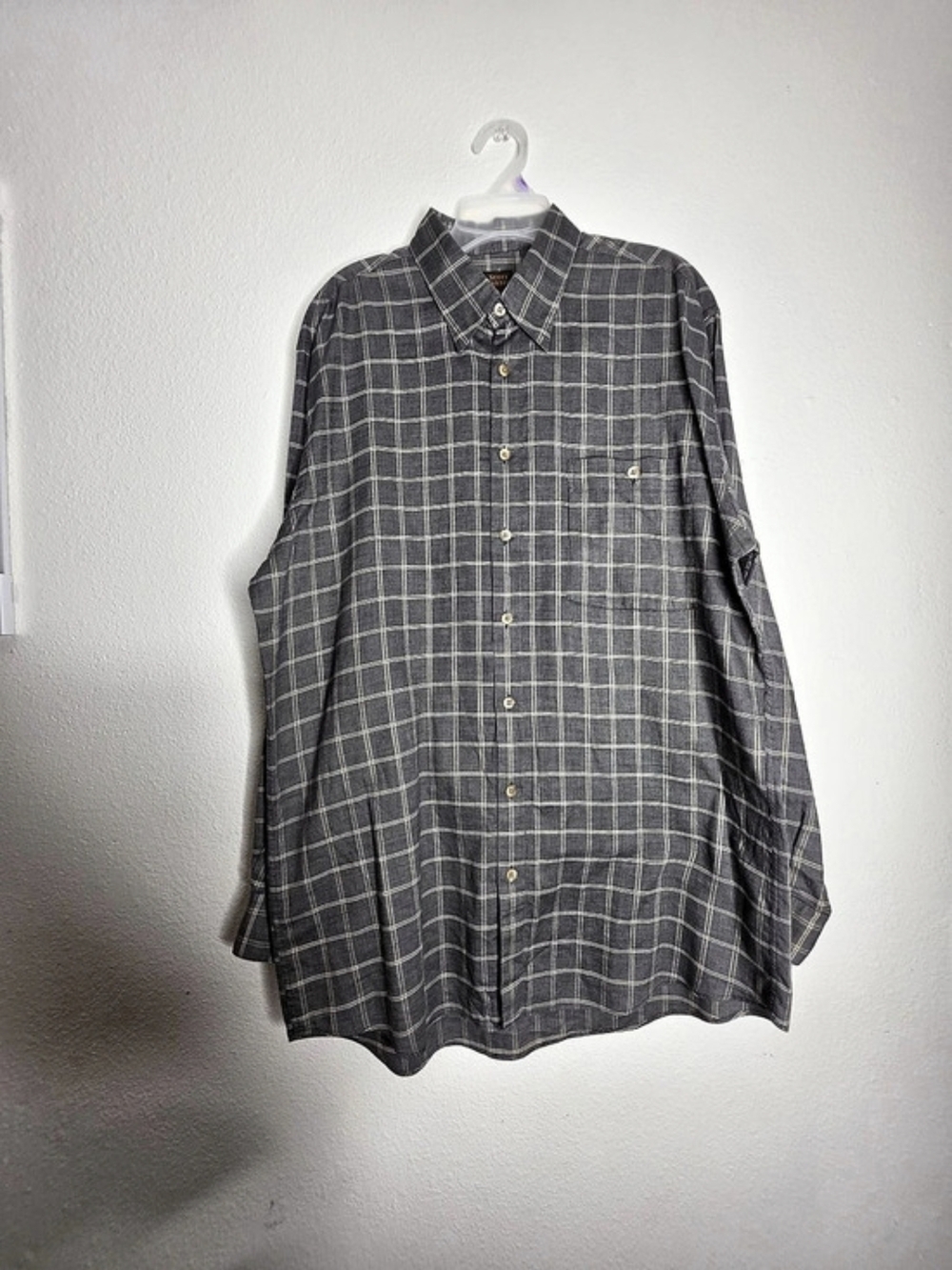 Scott Barber Mens L Gray Windowpane Plaid Woven Cotton L/S Point Collar Pocket